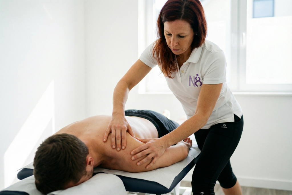 Physiotherapeutin behandelt einen Patienten an der Schulter auf einer Liege