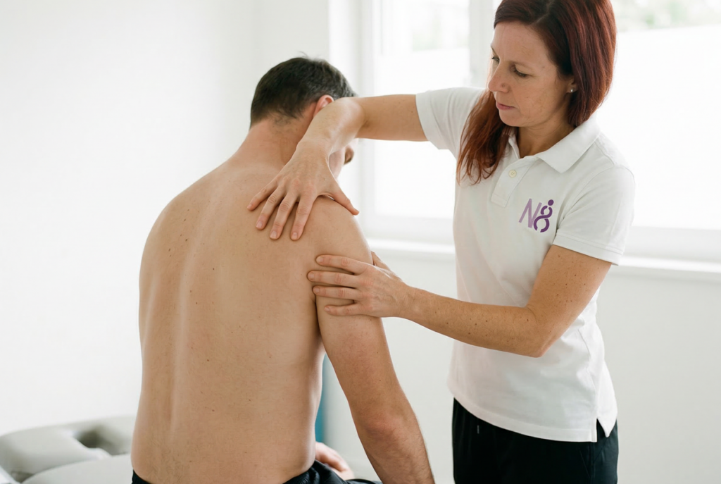 Physiotherapeutin behandelt einen Patienten an der Schulter